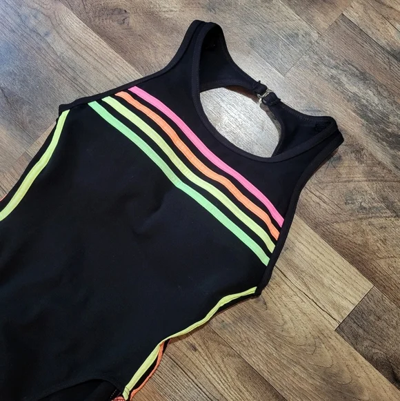 Vintage Backflips Neon Striped One Piece Swimsuit Union Made in USA Size 9/10 - Picture 2 of 8